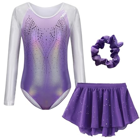 SEAUR Girls Shiny Rhinestone Gymnastics Leotards Long Sleeve Jumpsuit with Removable Skirt and Hairband 3 Piece Dance Outfits for 5-12 Years