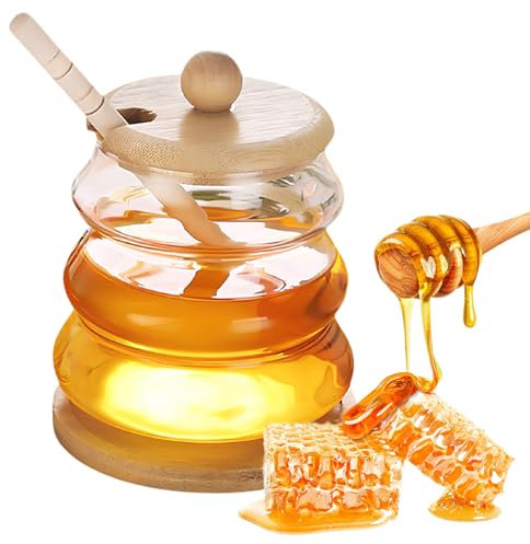 Dzmuero Honigglas, Honigspender, 200 ml Honigtopf mit Löffel, Honigglas mit Honiglöffel, Honigglas mit Holz Deckel, Versiegelter Glasbehälter, Weithals-Honigvorratsglas (9.5 * 12.5cm)