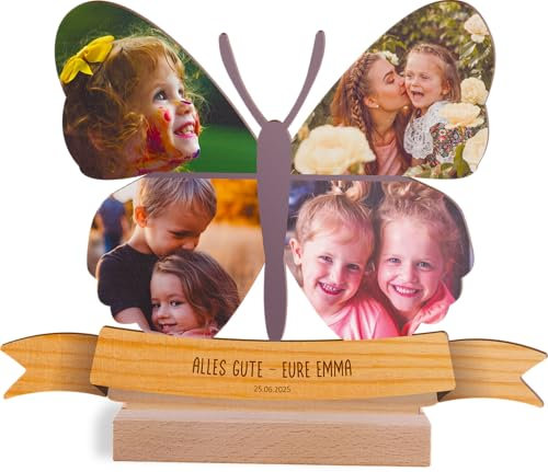 Schmetterling Geschenk personalisiert - Foto Motiv Holzbild opt. mit Sockel - Lustiges Fotogeschenk für Schmetterlingsfreunde, Geschenk für Tierliebhaber mit Schmetterlingmotiv, Geburtstagsgeschenk