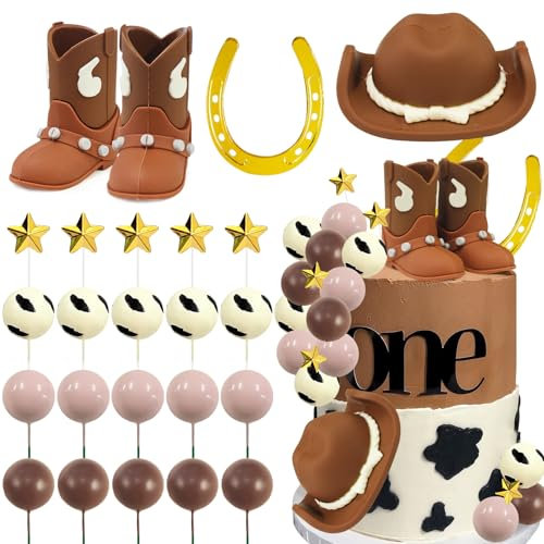 MEMOVAN 24PCS Cowboy Rodeo Cake Topper Cowboy Western Cake Decorations Cowboy Hat and Boot Cake Cupcake Toppers with Balls and Horseshoe Decorations for Baby Shower First Rodeo Birthday Vaquero Party