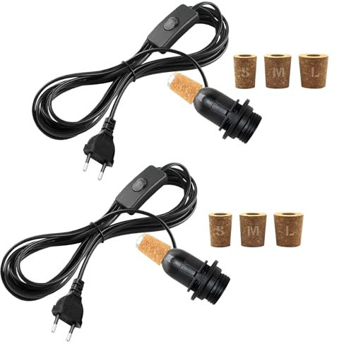 2 Pezzi E14 Portalampada per Bottiglia, 240CM Cavo Porta Lampada con Interruttore, Nero Lampada per Bottiglia con 3 Tappi di Sughero, DIY Lampada da Tavolo Kit per Bottiglie di Diversi Calibri