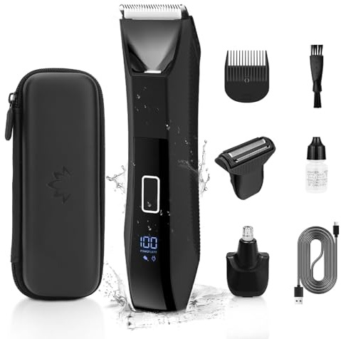 Ellasasuxi Manscape Tondeuse à poils corporels et pubiens 3 en 1 pour homme, tondeuse de nez/oreilles, tondeuse à l'aine et à la boule, étanche IPX7, rasoir électrique rechargeable avec lames en