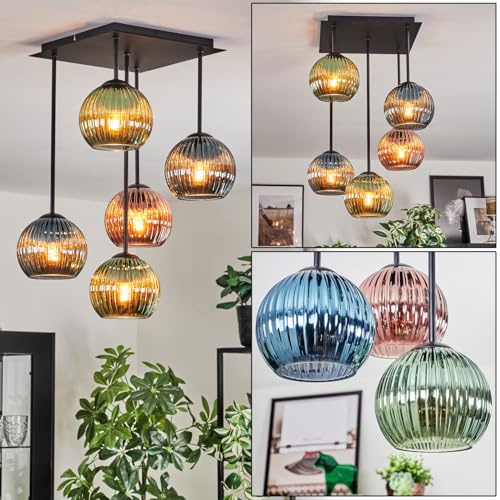 HOFSTEIN Deckenleuchte Koyoto, 5-flammige Deckenlampe aus Metall/Riffelglas in Schwarz/Kupfer/Grün/Blau, Leuchte im Retro/Vintage-Design (Schirme Ø 15 cm), E14, Esszimmer, Wohnzimmer, Schlafzimmer