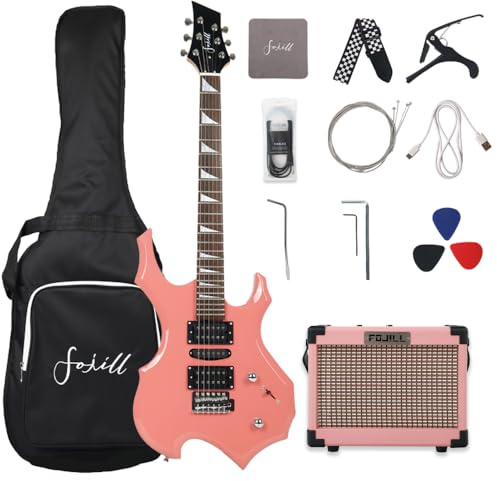 Fojill Cool Shape E-Gitarren-Set, 99 cm, volle Größe, Anfänger-Starter-Kombi-Paket mit Verstärker, Zubehör, 600D-Gigbag, Plektren, Kabel, Gurt, extra Saiten (Rosa)