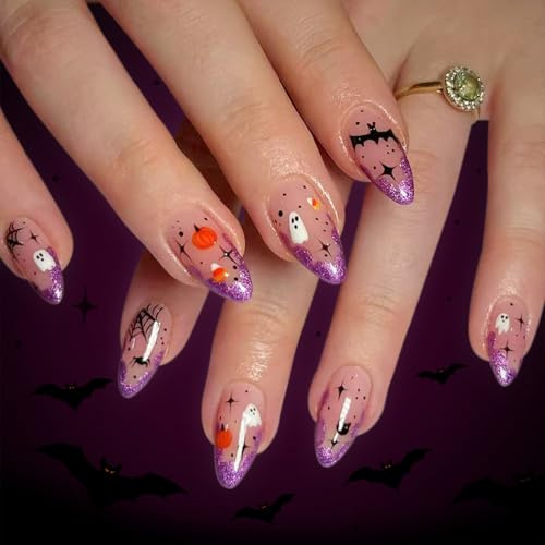 Halloween False Nails 24Pcs, Press on Nails Almond with Glue, Medium Pink Purple Fake Nail Featuring Spider Web Ghost Bat Pumpkin Patterns, Stick on Nails for Halloween Parties