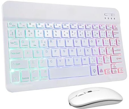 VERDANVERSE Conjunto Teclado y Ratón Inalámbricos Retroiluminados Portátil Recargable Teclado Silencioso Multi Dispositivo para Tablet y Móvil con Pegatinas Español