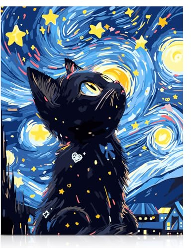 Aesthetic Leinwand Bilder Sternennacht Katze Poster, Van Gogh Stil Wandbilder Schlafzimmer Zimmer Deko, Wohnzimme Wandposter, Room Decor für Teen Mädchen, Geschenke für Katzenliebhaber Ungerahmt