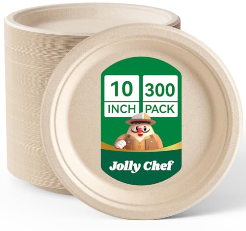 JOLLY CHEF 300 Pack 10 Inch Strong Disposable Bagasse Plates Natural | Compostable Biodegradable Bagasse Plates, Heavy-Duty Sugarcane Plates for Party & Dinner