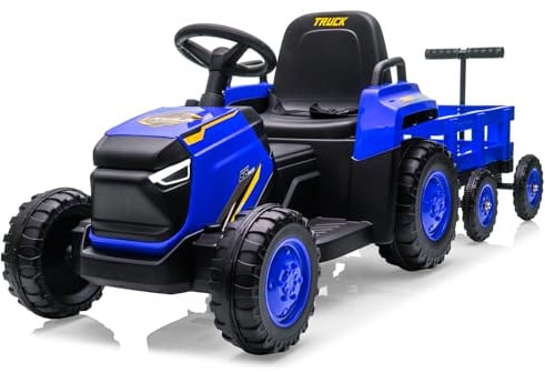 12V Traktor Mit Abnehmbarem Anhänger, Kinder Elektroauto Mit LED, Musik, Hupe, 3-Gang, Doppelter Motor, Kinderfahrzeug Mit Fernbedienung Für 3-6 Jahre