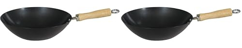Dexam 12108411 Non Stick Carbon Steel Wok with Wood Handle 27cm/10.5 -inch, Black (Non-Stick Coating) (Pack of 2)