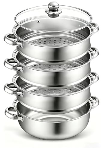 Dampfgarer Topf 3/4-stöckig Dämpfeinsatz 28cm Alle Herdarten | Steamer mit variablem Aufbau, kompatibel mit sämtlichen Herdtypen, ideal für gesundes schonendes Dampfgaren