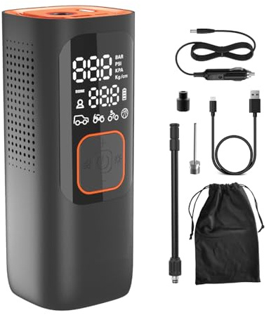 Compressore portatile per auto 150PSI, batteria interna 15WH, ideale per gonfiare gomme auto, moto, bici, completamente automatico e impostabile tramite il display, per valvole Schrader Presta