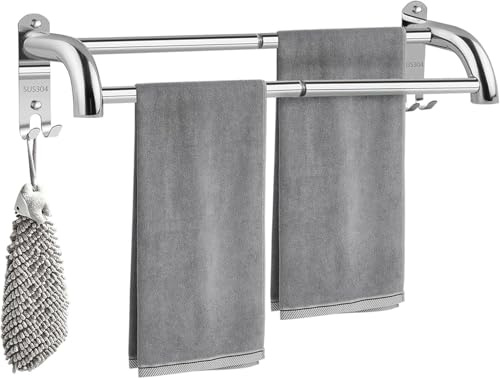 Ecofocet Portasciugamani da Parete Estensibile 43-75cm, Porta Salviette in Acciaio Inox con Ganci, Senza Forare, Porta Asciugamani Bagno Adesivo o con Viti, per Bagno Cucina (Argento, 2 Aste)
