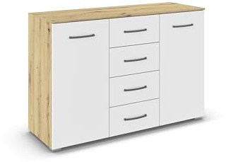 Rauch Möbel ADITIO, Kommode, Farbe Weiß/Eiche Artisan, Breite 120 cm | Sideboard im zeitlosen Stil, 2-türig, 4 Schubladen, Soft-Close-Funktion, für Schlafzimmer, Gästezimmer, Wohnzimmer, Flur