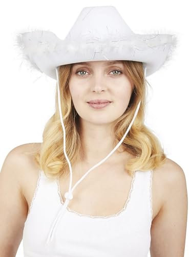 P'TIT CLOWN - 21302 - Cowgirl-Filzhut mit glänzenden Federn - Glimmer-Cowboyhut für Damen - Western-Look, Country, Far West, Rodeo, Festival, Karneval, EVJF, Halloween, Party - Erwachsene - Weiß