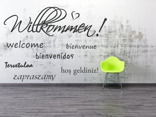 Wandtattoo für den Flur, Eingang 68071-58x40 cm, ~ Text Willkommen verschiedene Sprachen, welcome, zapraszamy ~ Wandaufkleber Wandtatoos Sticker Aufkleber für die Wand, Fensterbild, Tapetensticker, Türaufkleber, Tattoo aus Markenfolie in 32 Farben
