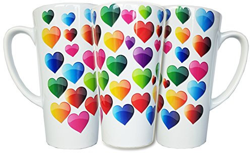 KAZMUGZ One Beautiful Colorful Hearts, Tall Latte Ceramic Mug. Impressive 17oz size coffee tea or hot chocolate latte mug Can Be Personalised