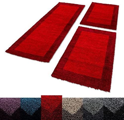 Unbekannt Shaggy Hochflor Teppich Carpet 3TLG Bettumrandung Läufer Set Schlafzimmer Flur, Farbe:Rot, Bettset:2x80x150+1x100x200