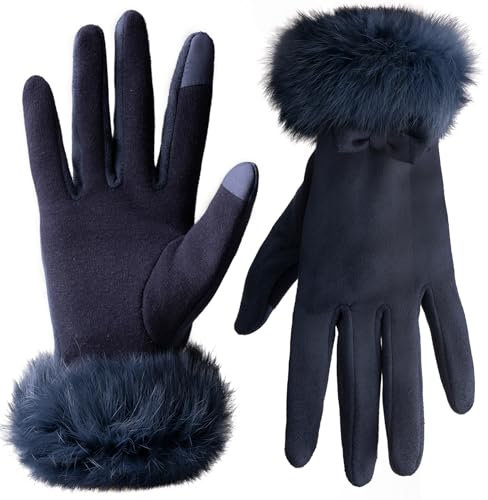 Vagasi Gants Cuir Femme Véritable Suédé Poils Hiver Chaud Epais Mouffle Ecran Tactile Doublure Polaire Confortable Conduite Jogging Extérieur,Bleu marine,Taille unique
