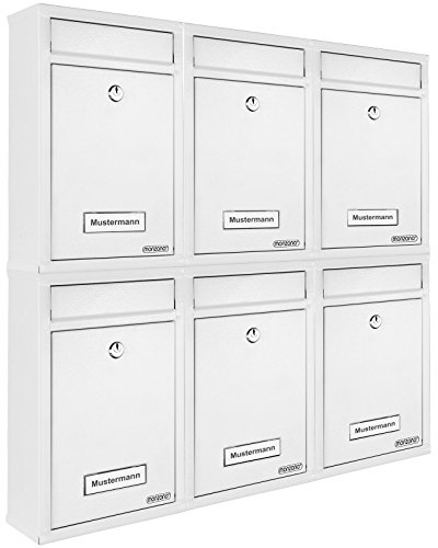 MONZANA® 6X Briefkasten Weiß inkl. 2 Schlüssel Namensschild abschließbar Mailbox Briefkastenanlage Postkasten Stahl