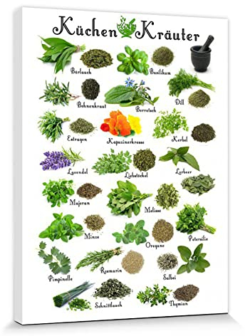1art1 Cuisine Poster Impression sur Toile Herbes Aromatiques Affiche Murale XXL Encadrée | Tendue sur Cadre en Bois | Tableau 40x30 cm