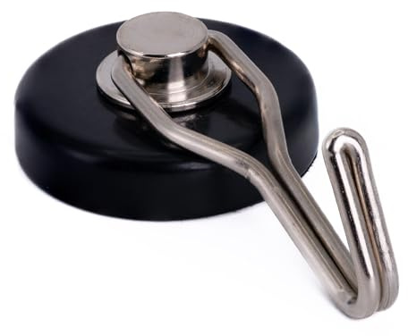 FIRST4MAGNETS Rubber Coated Ferrite Pot Magnet with Swivel Hook for Hanging, Holding or Displaying Items - 36mm Dia - Pack of 10