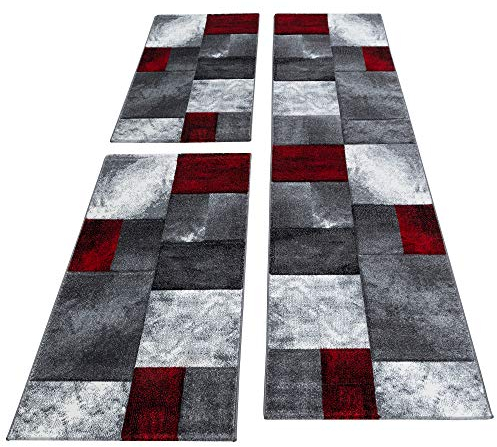 SIMPEX Bettumrandung Schlafzimmer 3 Teilig Teppich, Bettläufer Set Moderne Kurzflor Konturenschnitt Kariert Design Teppich, Fußbodenheizung Geeignet, 13 mm Polypropylen, Jute Rücken Farbe: Rot-2