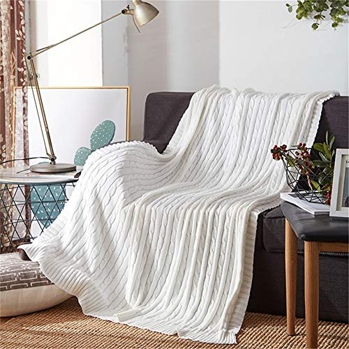 LINGKY 100% Baumwolle gestrickt Decke, Superior gekämmte Baumwolle Couch Cover, solide häkeln Pullover Textur Zopfmuster Decke für Couch Schlafsofa Car Home Decoration-180x200cm (Weiß,180x200cm)