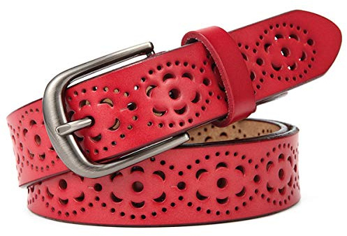 McFanBe Ceinture en Cuir pour femmes Pantalons de Jeans Habillés pour Femmes avec Boucle de Ceinture en Alliage pour Filles (S:95cm(Taille ajustée 75-84cm/30-33), C(largeur 2,8cm):rouge)