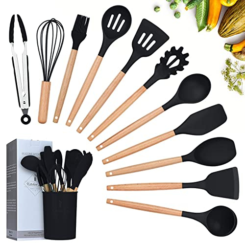 Lychee 12 Piezas Utensilios de Cocina de Silicona, Utensilios de Cocina de Silicona Resistentes al Calor y Antiadherentes con Mango de Madera para Utensilios (Negro)