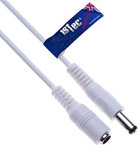 1STec 1.5m 5ft Long White 2.1mm 5.5mm Male to Female Extension Cable Jack Plug Socket Connector Power Supply Copper Wire Cord Adapter Lead for 12v CCTV Security Surveillance Cameras LED Strip Lights