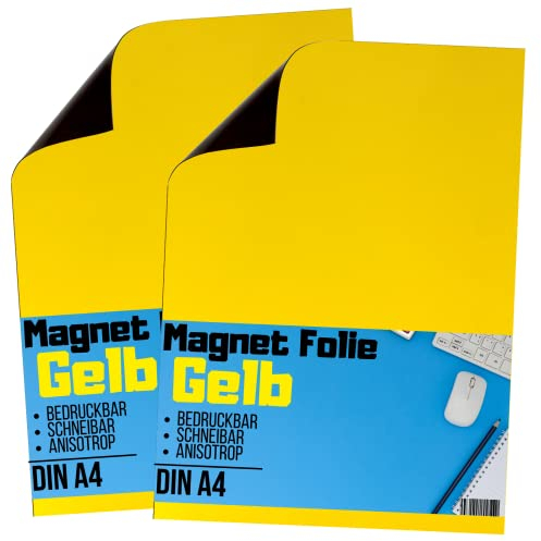 [2 Stück] Magnetfolie DIN A4 - Magnetband - Bedruckbar und Beschreibbar - KFZ Magnetfolie - Magnet Folie zum Beschriften zum Schneiden Stanzen und Basteln (Gelb)