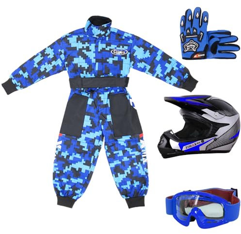 Zorax L(9-10 Years) Kids CAMO Suit & Gloves L(7cm) & Goggles & ZOR-X19 Blue L (53-54cm) PREDATOR Kids Motocross Helmet ECE 2206, Child Dirt Bike Motorocycle Helmet Clothing Suit Set