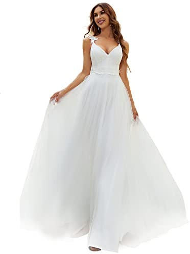 Ever-Pretty Robe de Soirée pour Mariage Longue Femme A-Line Col V sans Manche en Dentelle Mousseline Fluide Blanc 38