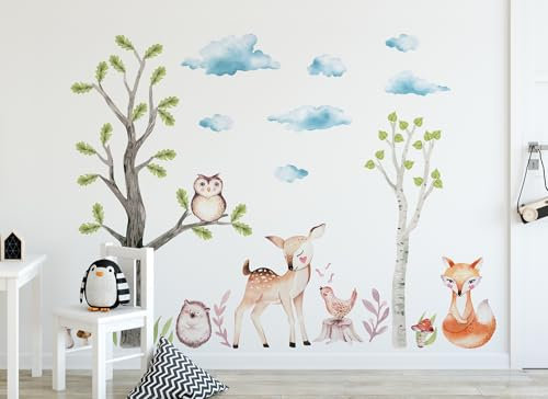 Wandtattoo Waldtiere I Blätter Reh Fuchs Vogel Wald Kinderbilder Junge Kinderzimmer Mädchen Aufkleber Osomhome os3660 (240x150cm)