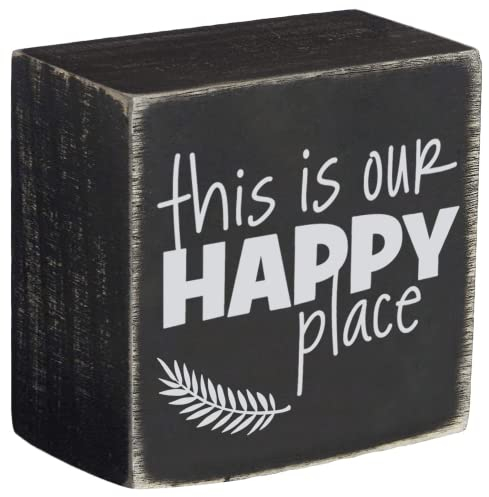 This Is Our Happy Place Classic Box Schild mit inspirierenden Zitaten Desktop Holzkiste Schilder für Home Office Dekor Schilder 12,7 x 12,7 cm