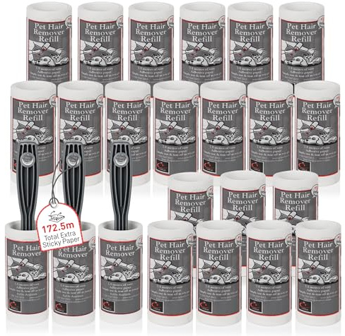 Caraselle Pet Hair Remover Extra Sticky Lint Roller (3 roller + 20 refills) | 173 metres of no-perforation sticky paper (≈1725 sheets equivalent) lifts cat & dog hair from clothes, sofa, carpet, car seat