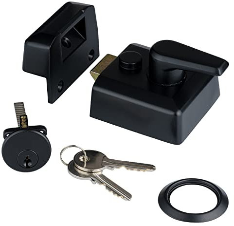 XFORT 40mm Matt Black Night Latch Narrow Complete with Rim Cylinder, Lock Case, Two Keys and Trim Ring, Door Lock Provides Increased Home Security, for Front Door Lock.
