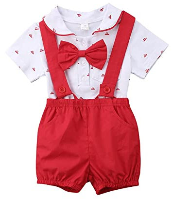 Dazzerake 2 Pezzi Completi per Neonato Tutina da Gentiluomini Estivi Pagliaccetto Camicia a Maniche Corte con Papillon + Salopette Pantaloncini con Bretelle 0-24 Mesi (Rosso, 18-24 mesi)