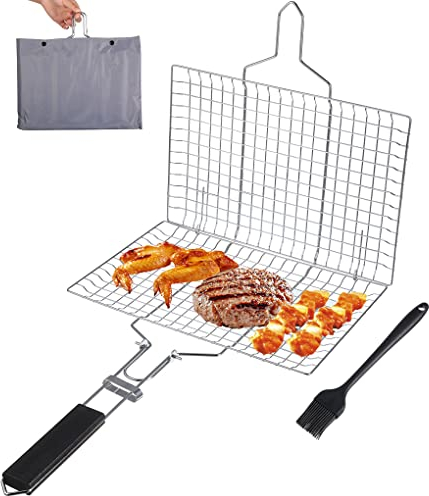 Cestello per Griglia Portatile - Cestello per Barbecue in Acciaio Inossidabile, Griglie per Barbecue Pieghevole per Bistecca di Pesce Gamberetti Verdure con Manico, Spazzola e Borsa (32x22 cm)