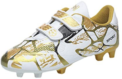 Agnueuty Fußballschuhe mit Stollen für Jungen Mädchen Athletics Football Schuhe Laceless Leichtathletik Trainingsschuhe Unisex Kinder,Gold,EU28
