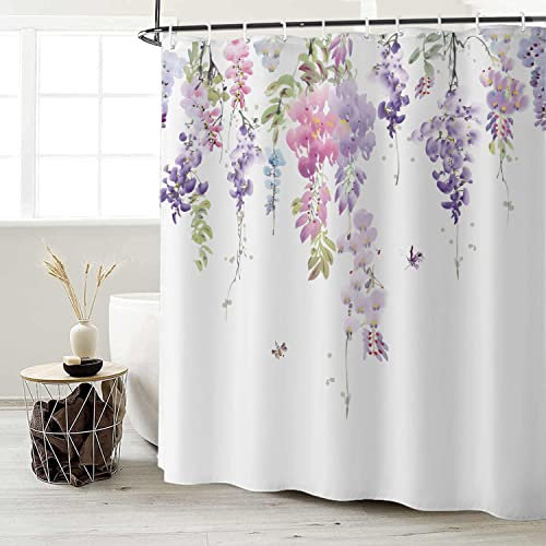 Jemsia Shower Curtain for Bathroom,Lilac Floral Waterproof Anti Mould Bath Curtain with Weighted Hem,12 Hooks Floral Washable Polyester Shower Curtains for Bathroom Tubs Spa Wet Room