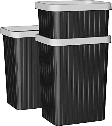 Cetomo 8.2L*3 Plastic Waste Paper Bin, Trash Can, Small Bins, Bedroom Bin, Square Waste Basket with Rim Lid and Solid Stripe for Kitchen Rooms, Nesting, Matte, Frosted, Minimalist, Black, 8.2L(3 Pack)