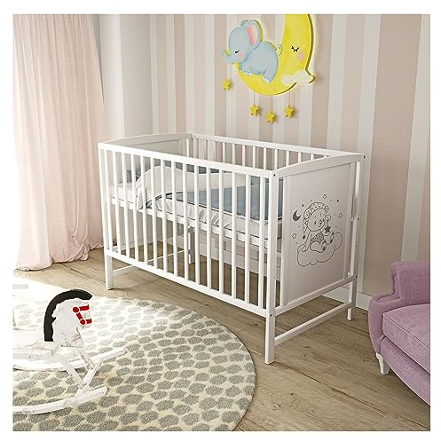 Baby Delux Babybett Kinderbett Gitterbett 120x60 weiß mit Matratze mit süßem Motiv Traumbär (mit Schaumstoffmatratze 120x60x6 cm)