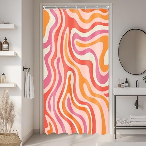 LIGHTINHOME Moderner Abstrakter Duschvorhang, klein, 91,4 x 183,9 cm (B x H), rosa/orange, groovig, ästhetisch, niedlich, 70er-Jahre-Retro-Wirbel, schmaler Badezimmervorhang, Stoff, wasserdicht,