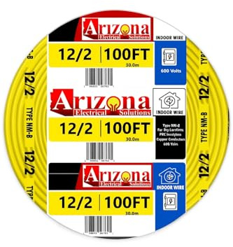12/2 NM-B Electrical Wire with Ground, 100 ft Coil – 12 AWG Solid Copper, Yellow Non-Metallic Sheathed Cable for Indoor Residential Wiring