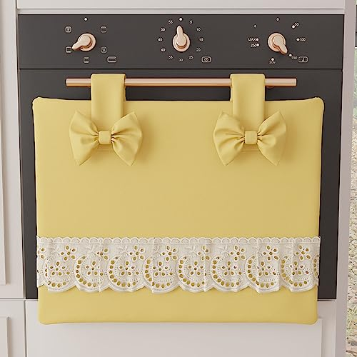 PETTI Artigiani Italiani - Copriforno, Copriforno Elegante, Copriforno Shabby Chic in Tinta Unita con Balza in Pizzo Sangallo e Fiocchi, Copriforno in Cotone, Copriforno 50x42cm Giallo