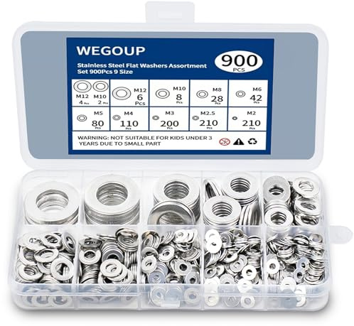 WEGOUP 900 Pcs Stainless Steel Flat Washers for Screws, 304 Stainless Steel, Assorted Sizes (M2 M2.5 M3 M4 M5 M6 M8 M10 M12) for Industrial Use, Washers for Bolts