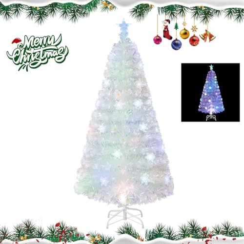 RELAX4LIFE Albero di Natale Bianco Artificiale 120cm con Luci in Fibre Ottiche e Addobbi: 1 Stella e Fiocchi di Neve a LED, Rami Folti e Realistici in PVC, Base Pieghevole in Ferro