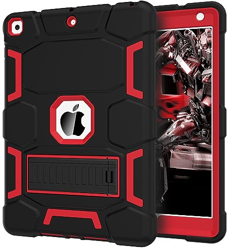 CCMAO Coque pour iPad 9e génération, iPad 8e/7e génération, iPad 10.2 2021/2020/2019 avec béquille, Coque de Protection Hybride Rigide résistante aux Chocs à Trois Couches, Noir + Rouge